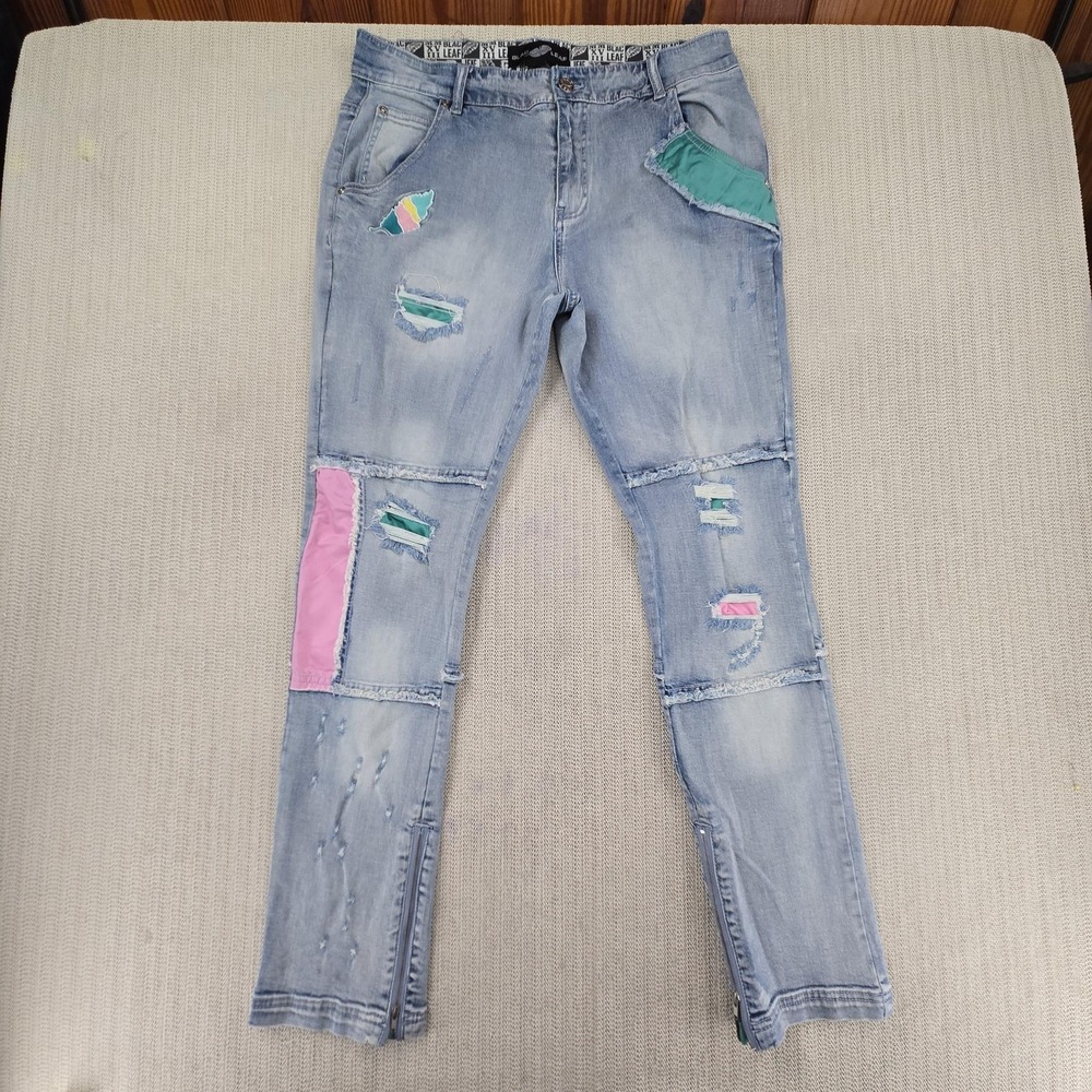 Blac Leaf Jeans Mens 36x32 Blue Slim Tapered Distressed Patchwork Ankle Zip